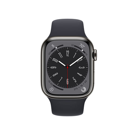 Apple Watch Series 8 (GPS + Cellular) - 41 mm - graphite stainless steel - smart watch with sport band - fluoroelastomer - midnight - band size: Regular - 32 GB - Wi-Fi, LTE, Bluetooth, UWB - 4G - 42.3 g