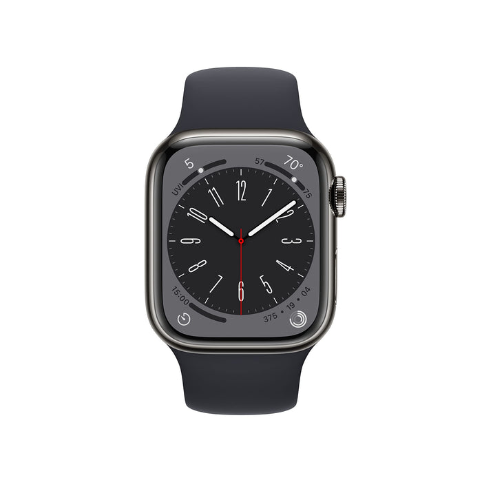 Apple Watch Series 8 (GPS + Cellular) - 41 mm - graphite stainless steel - smart watch with sport band - fluoroelastomer - midnight - band size: Regular - 32 GB - Wi-Fi, LTE, Bluetooth, UWB - 4G - 42.3 g