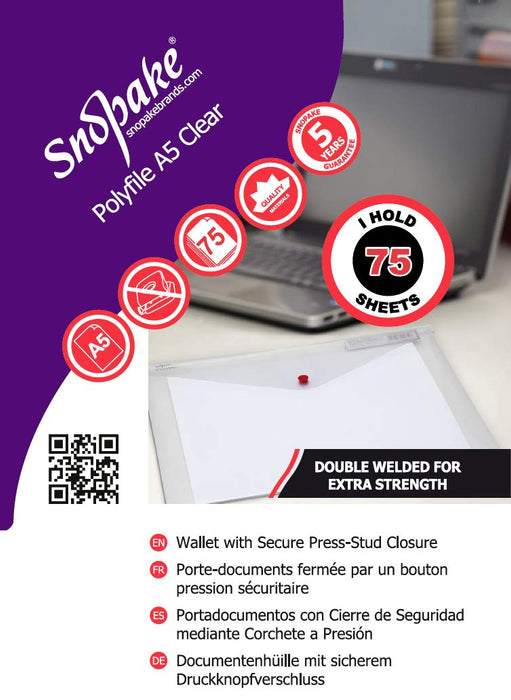 Best Value Snopake 11382 Polyfile A5 Popper Wallet File with Press Stud Classic Clear (Pack of 5)