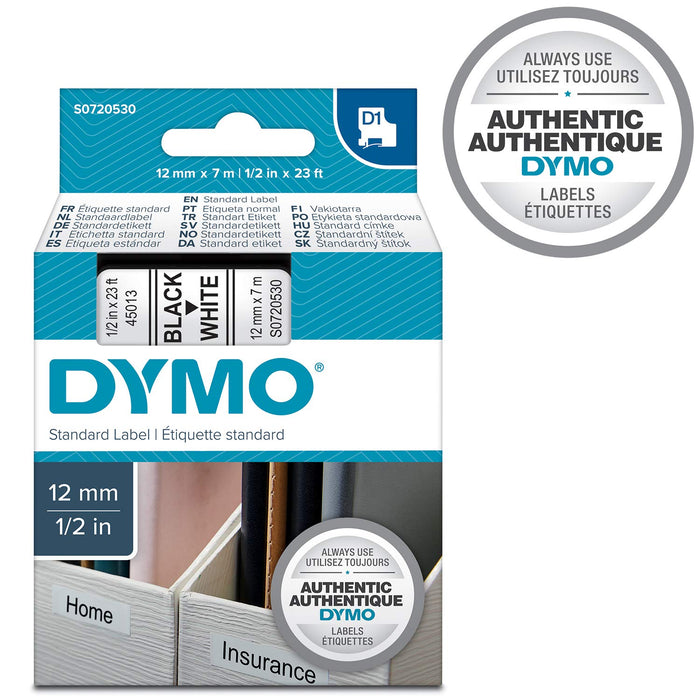 Best Value Dymo Authentic D1 Labels, Black Print on White Tape, 12mm x 7m, Self-Adhesive Labels for LabelManager & MobileLabeler Label Printers