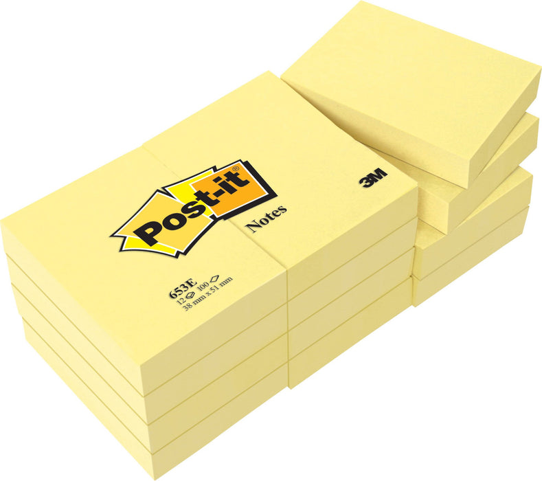 Best Value Post-it 653E Notes, 653E 38 x 51 mm - Canary Yellow, 12 Pads (100 Sheets Per Pad)