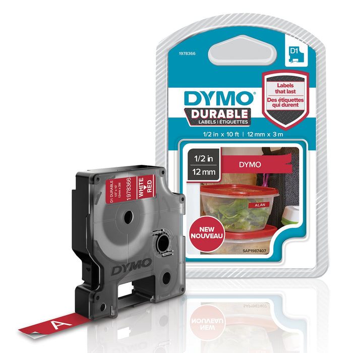 Best Value DYMO D1 Durable Labeling Tape for LabelManager Label Makers, White Print on Red Tape, 12 mm W x 3 m L, 1 Cartridge (1978366)