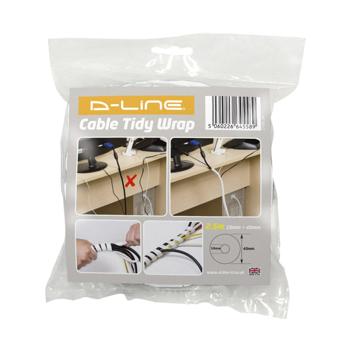 Best Value D-Line Cable Tidy Spiral Wrap | CTW2.5W| Cable Management Solution to Organise Cables | 2.5 meter length, White