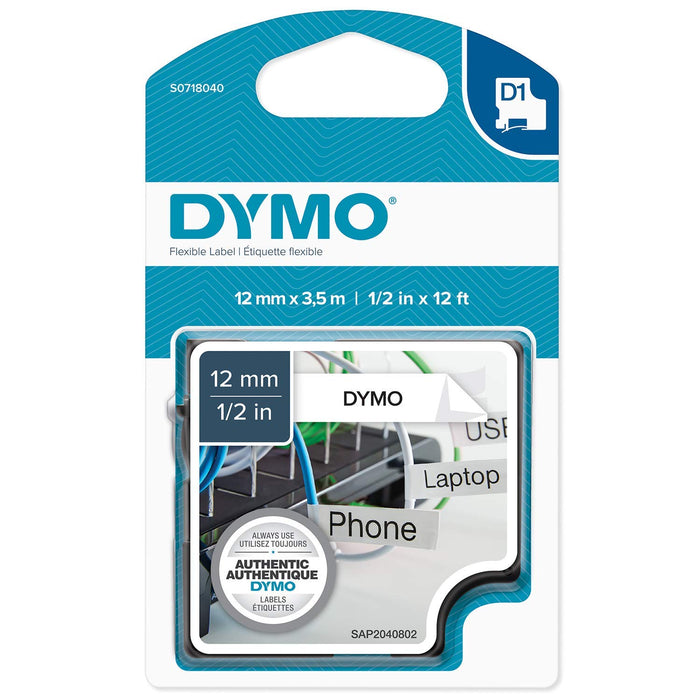 Best Value Dymo D1 Flexible Nylon High Performance Labelling Tape 12mm x 3,5m - Black on White