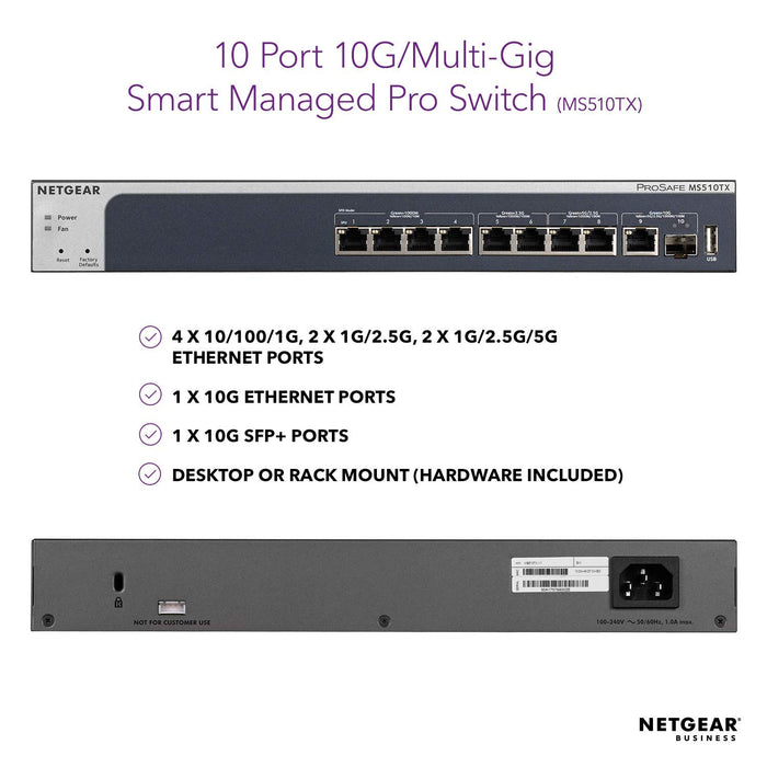 Best Value NETGEAR 10-Port Multi-Gigabit/10G Smart Managed Pro Switch (MS510TX) - with 1 x 10G SFP+, Desktop/Rackmount, and ProSAFE Lifetime Protection