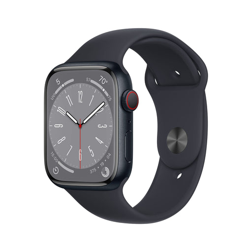 Apple Watch Series 8 (GPS + Cellular) - 45 mm - midnight aluminium - smart watch with sport band - fluoroelastomer - midnight - band size: Regular - 32 GB - Wi-Fi, LTE, Bluetooth, UWB - 4G - 38.8 g