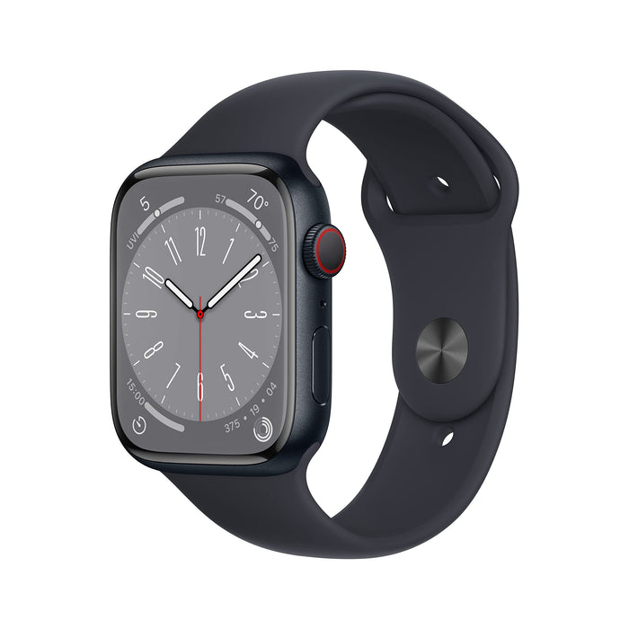 Apple Watch Series 8 (GPS + Cellular) - 45 mm - midnight aluminium - smart watch with sport band - fluoroelastomer - midnight - band size: Regular - 32 GB - Wi-Fi, LTE, Bluetooth, UWB - 4G - 38.8 g