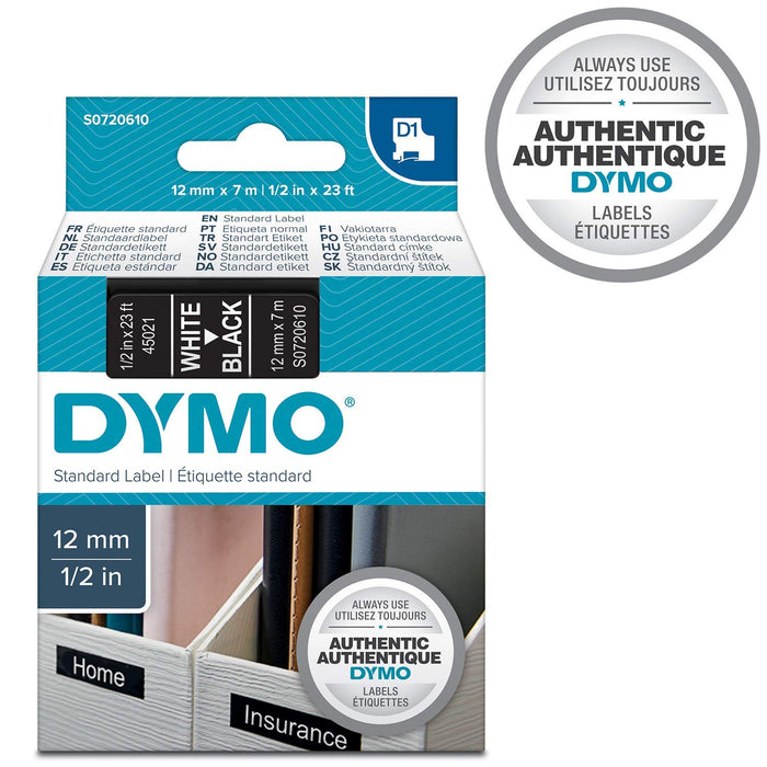 Best Value Dymo D1 Standard Labelling Tape 12mm x 7m - White on Black