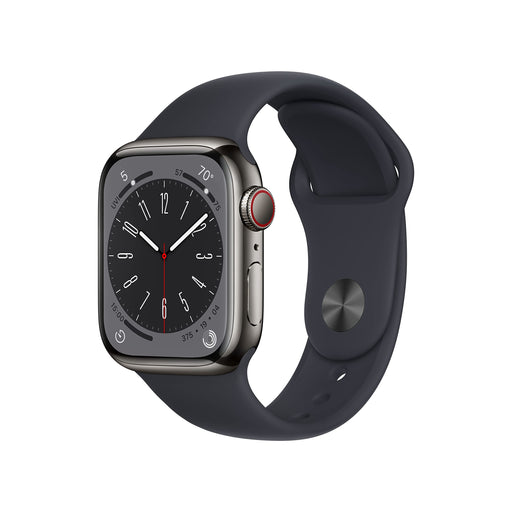 Apple Watch Series 8 (GPS + Cellular) - 41 mm - graphite stainless steel - smart watch with sport band - fluoroelastomer - midnight - band size: Regular - 32 GB - Wi-Fi, LTE, Bluetooth, UWB - 4G - 42.3 g