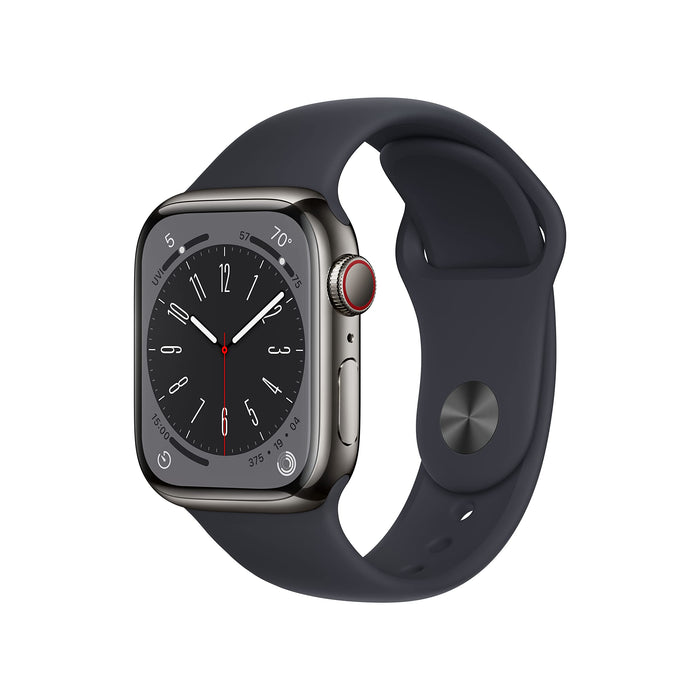 Apple Watch Series 8 (GPS + Cellular) - 41 mm - graphite stainless steel - smart watch with sport band - fluoroelastomer - midnight - band size: Regular - 32 GB - Wi-Fi, LTE, Bluetooth, UWB - 4G - 42.3 g