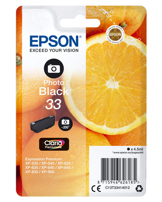 Epson Ink Cartridges, Claria" Premium Ink, 33, Oranges, Singlepack, 1 x 4.5 ml Photo Black, Standard, RF+AM