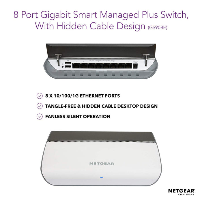 Best Value NETGEAR 8-Port Gigabit Ethernet Smart Managed Plus Switch (GS908E) - Desktop Housing with Integrated Cable Management, 2 x USB Charging Ports, and Fanless Design for Quiet Operation