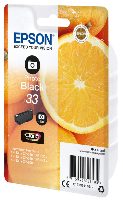 Epson Ink Cartridges, Claria" Premium Ink, 33, Oranges, Singlepack, 1 x 4.5 ml Photo Black, Standard, RF+AM