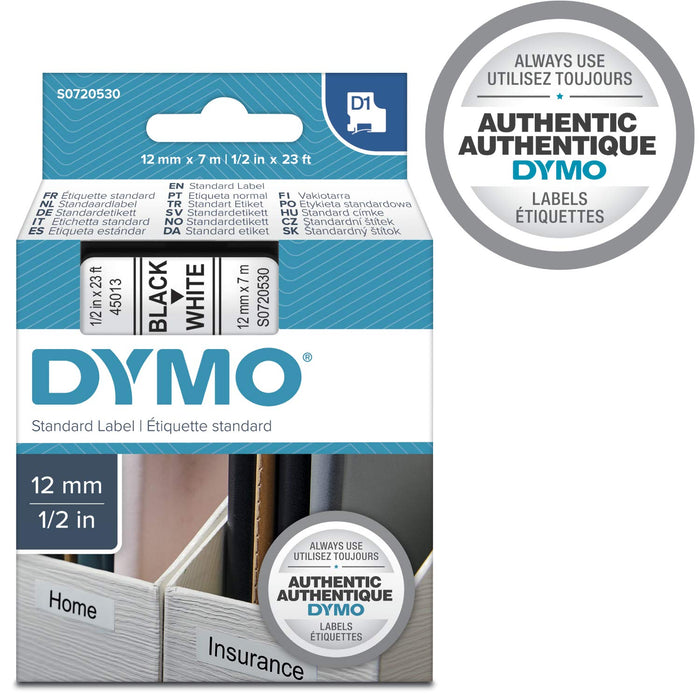 Best Value Dymo Authentic D1 Labels, Black Print on White Tape, 12mm x 7m, Self-Adhesive Labels for LabelManager & MobileLabeler Label Printers