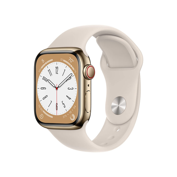 Apple Watch Series 8 (GPS + Cellular) - 41 mm - gold stainless steel - smart watch with sport band - fluoroelastomer - starlight - band size: Regular - 32 GB - Wi-Fi, LTE, Bluetooth, UWB - 4G - 42.3 g