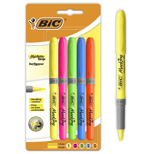 Best Value BIC Highlighter Grip Pens - Assorted Colours, Wallet of 5