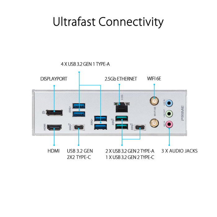 ASUS Prime Z790-A WIFI - Motherboard - ATX - LGA1700 Socket - Z790 Chipset - USB 3.2 Gen 1, USB 3.2 Gen 2, USB-C 3.2 Gen2, USB-C 3.2 Gen 2x2 - 2.5 Gigabit LAN, Wi-Fi 6, Bluetooth - onboard graphics (CPU required) - HD Audio (8-channel)