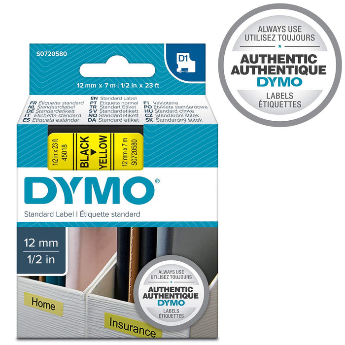 Best Value Dymo D1 Standard Labelling Tape 12mm x 7m - Black on Yellow