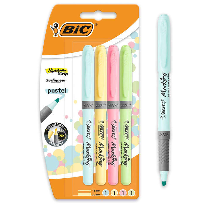 Best Value Bic Highlighter Grip Pens - Assorted Pastel Colours, Pack of 4