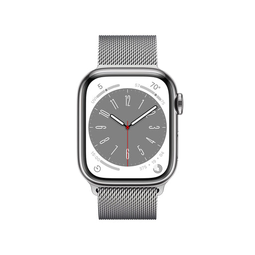 Apple Watch Series 8 (GPS + Cellular) - 41 mm - silver stainless steel - smart watch with milanese loop - wrist size: 130-180 mm - 32 GB - Wi-Fi, LTE, Bluetooth, UWB - 4G - 42.3 g