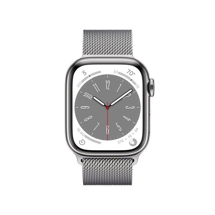 Apple Watch Series 8 (GPS + Cellular) - 41 mm - silver stainless steel - smart watch with milanese loop - wrist size: 130-180 mm - 32 GB - Wi-Fi, LTE, Bluetooth, UWB - 4G - 42.3 g