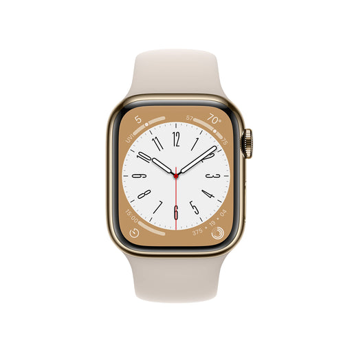 Apple Watch Series 8 (GPS + Cellular) - 41 mm - gold stainless steel - smart watch with sport band - fluoroelastomer - starlight - band size: Regular - 32 GB - Wi-Fi, LTE, Bluetooth, UWB - 4G - 42.3 g