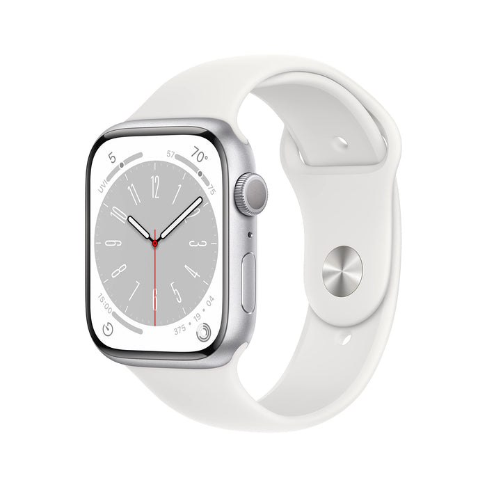 Apple Watch Series 8 (GPS) - 45 mm - silver aluminium - smart watch with sport band - fluoroelastomer - white - band size: Regular - 32 GB - Wi-Fi, Bluetooth - 38.8 g