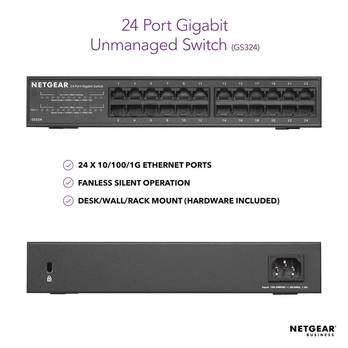 Best Value NETGEAR 24-Port Gigabit Ethernet Network Switch, Hub, Internet Splitter (GS324) - Desktop/Rackmount, Fanless Housing for Quiet Operation