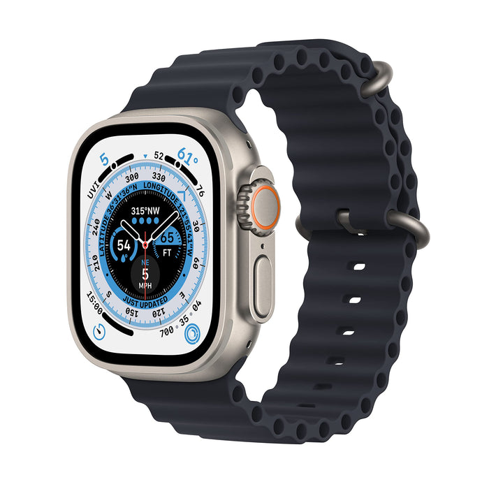 Apple Watch Ultra - 49 mm - titanium - smart watch with Ocean band - fluoroelastomer - midnight - wrist size: 130-200 mm - 32 GB - Wi-Fi, LTE, UWB, Bluetooth - 4G - 61.3 g