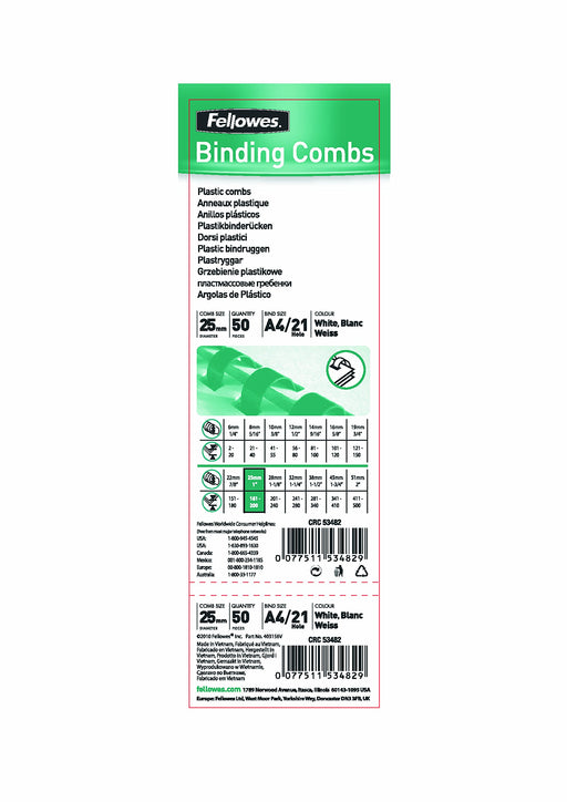 Best Value Fellowes A4 25 mm Plastic Binding Combs for Comb Binding Machine, Binds 181 to 200 Pages, Black, Pack of 50