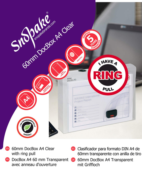 Best Value Snopake DocBox Box File Polypropylene with Push Lock 60mm Spine A4 Clear Ref 12871