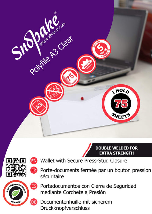 Best Value Snopake 11174 Polyfile A3 Popper Wallet File with Press Stud Classic Clear (Pack of 5)