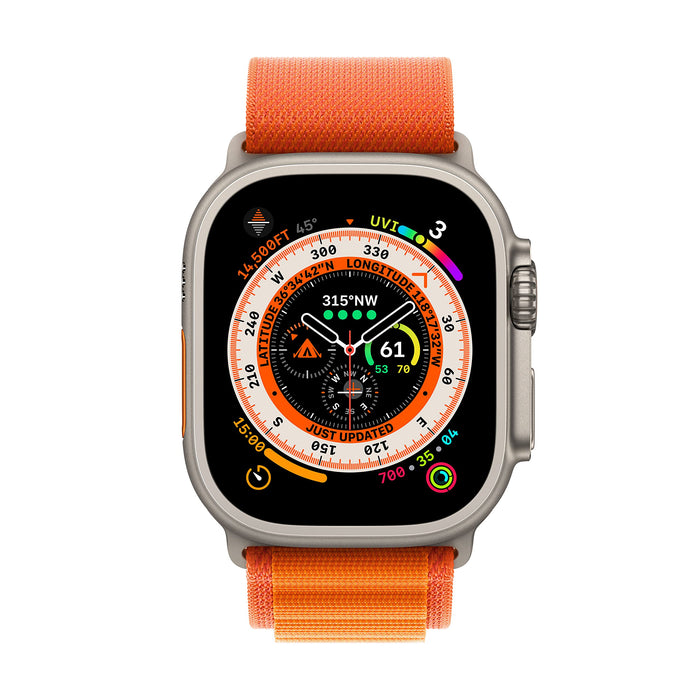 Apple Watch Ultra - 49 mm - titanium - smart watch with Alpine Loop - textile - orange - band size: S - 32 GB - Wi-Fi, LTE, UWB, Bluetooth - 4G - 61.3 g