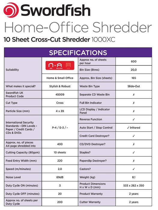 Best Value Swordfish 1000XC 10 Sheet Cross Cut Paper/Document Shredder - 2015 Model - Ref: 45009