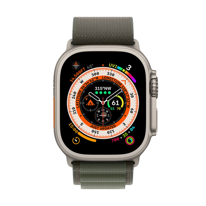 Apple Watch Ultra - 49 mm - titanium - smart watch with Alpine Loop - textile - green - band size: L - 32 GB - Wi-Fi, LTE, UWB, Bluetooth - 4G - 61.3 g