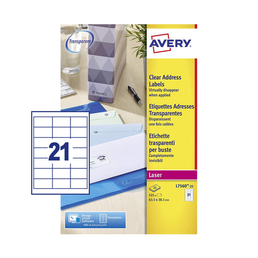 Best Value Avery Self Adhesive Clear Address Mailing Labels, Laser Printers, 21 Labels Per A4 Sheet, 525 labels, QuickPEEL (L7560)