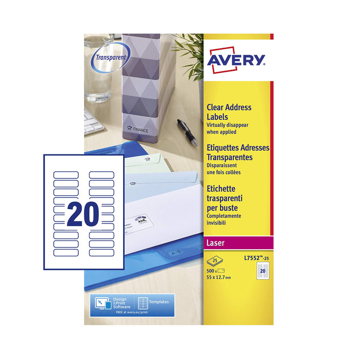 Best Value Avery Self Adhesive Clear Address Mailing Labels, Laser Printers, 20 Labels Per A4 Sheet, 500 labels, QuickPEEL (L7552)