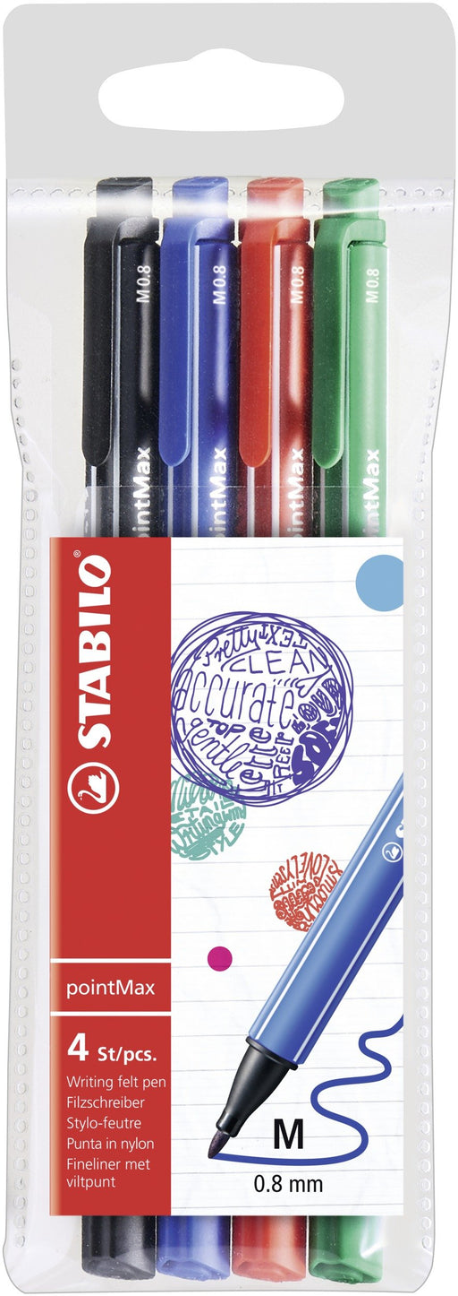 STABILO pointMax Nylon Tip Writing pen 0.4mm Line Black/Blue/Red/Green (Pack 4) 488/4