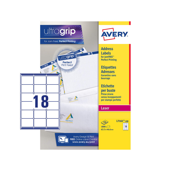 Best Value Avery Self Adhesive Address Mailing Labels, Laser Printers, 18 Labels Per A4 Sheet, 1800 labels, UltraGrip (L7161)