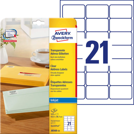 Best Value Avery Self Adhesive Address Mailing Labels, Inkjet Printers, 21 per A4 Sheet, 525 Labels, QuickDRY (J8560)