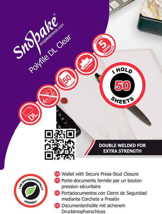 Best Value Snopake 10057 Polyfile DL Popper Wallet File with Press Stud - Classic Clear (Pack of 5)