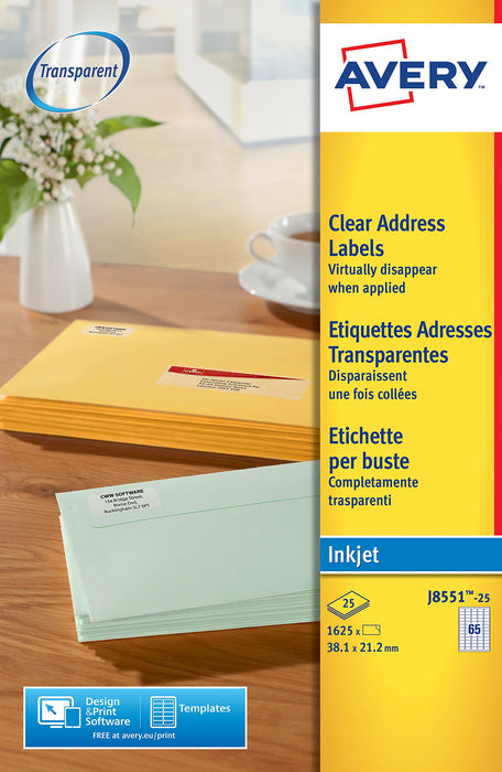 Best Value Avery Self Adhesive Clear Mini Return Address Labels, Inkjet Printers, 65 Labels Per A4 Sheet, 1625 labels, QuickDRY (J8551)