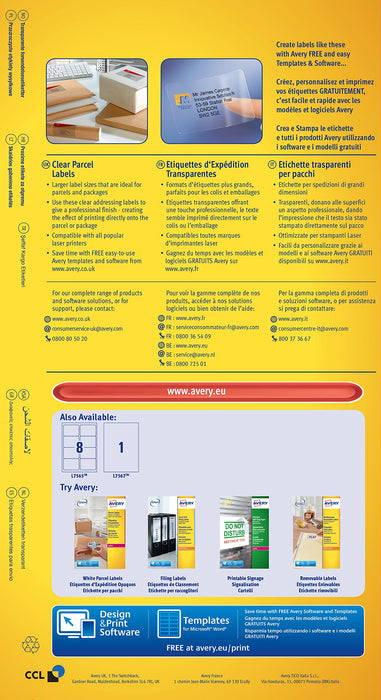 Best Value Avery Self Adhesive Clear Parcel Shipping Labels, Laser Printers, 1 Label per A4 Sheet, 25 labels, QuickPEEL (L7567)