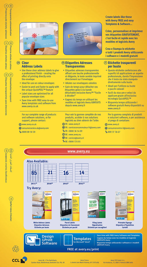 Best Value Avery Self Adhesive Clear Mini Return Address Labels, Inkjet Printers, 65 Labels Per A4 Sheet, 1625 labels, QuickDRY (J8551)