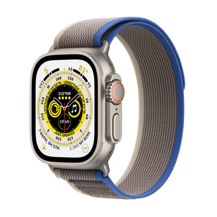 Apple Watch Ultra - 49 mm - titanium - smart watch with Trail Loop - soft double-layer nylon - blue/gray - band size: M/L - 32 GB - Wi-Fi, LTE, UWB, Bluetooth - 4G - 61.3 g