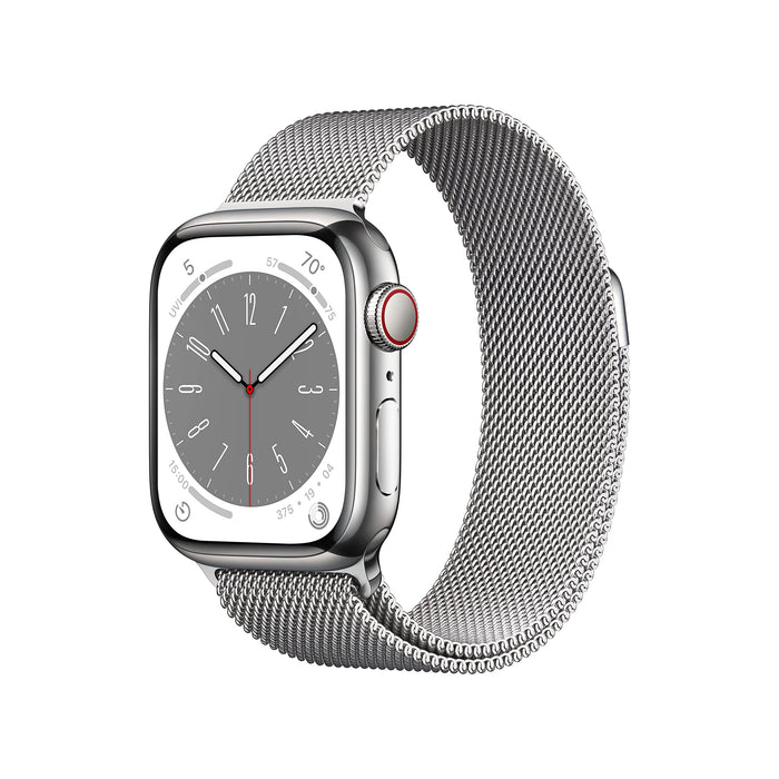 Apple Watch Series 8 (GPS + Cellular) - 41 mm - silver stainless steel - smart watch with milanese loop - wrist size: 130-180 mm - 32 GB - Wi-Fi, LTE, Bluetooth, UWB - 4G - 42.3 g
