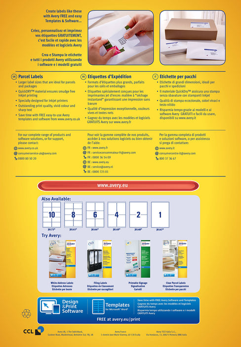 Best Value Avery Self Adhesive Parcel Shipping Labels,Inkjet Printers, 1 Label Per A4 Sheet, 100 labels, QuickDRY (J8167)