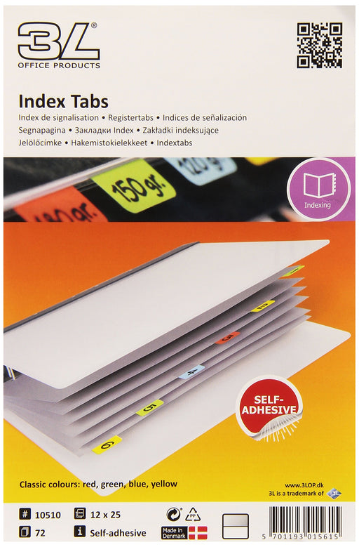 Best Value 3L Index Tabs Permanent Write-on Type-on 25mm Assorted Ref 10510 [Pack of 72]