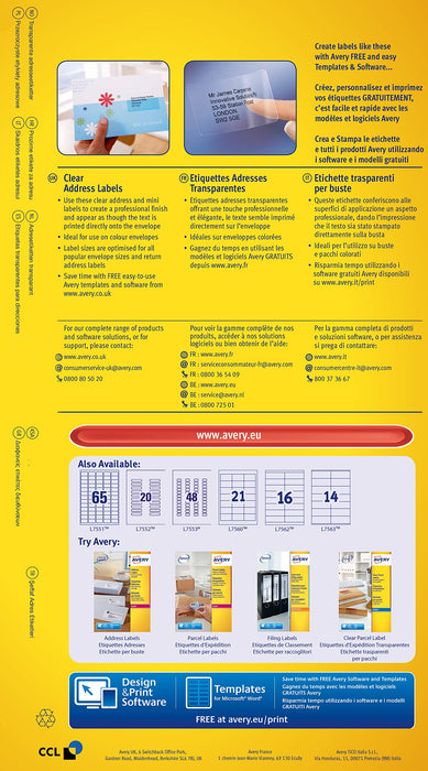 Best Value Avery Self Adhesive Clear Address Mailing Labels, Laser Printers, 14 Labels Per A4 Sheet, 350 labels, QuickPEEL (L7563)