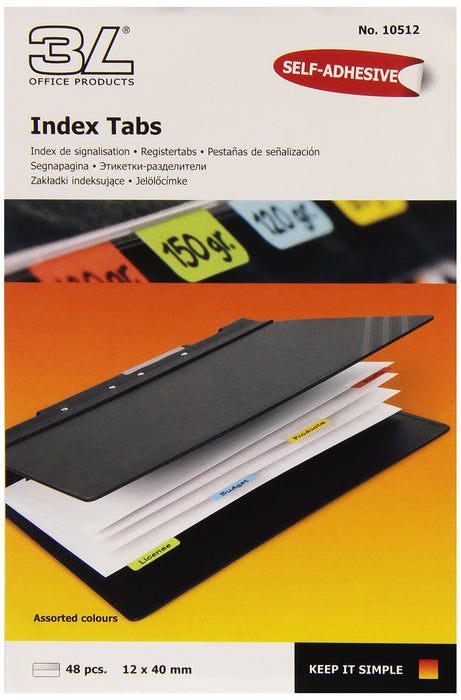 Best Value 3L 10512 Register Tab 12 x 40 mm Assorted Colours Pack of 48